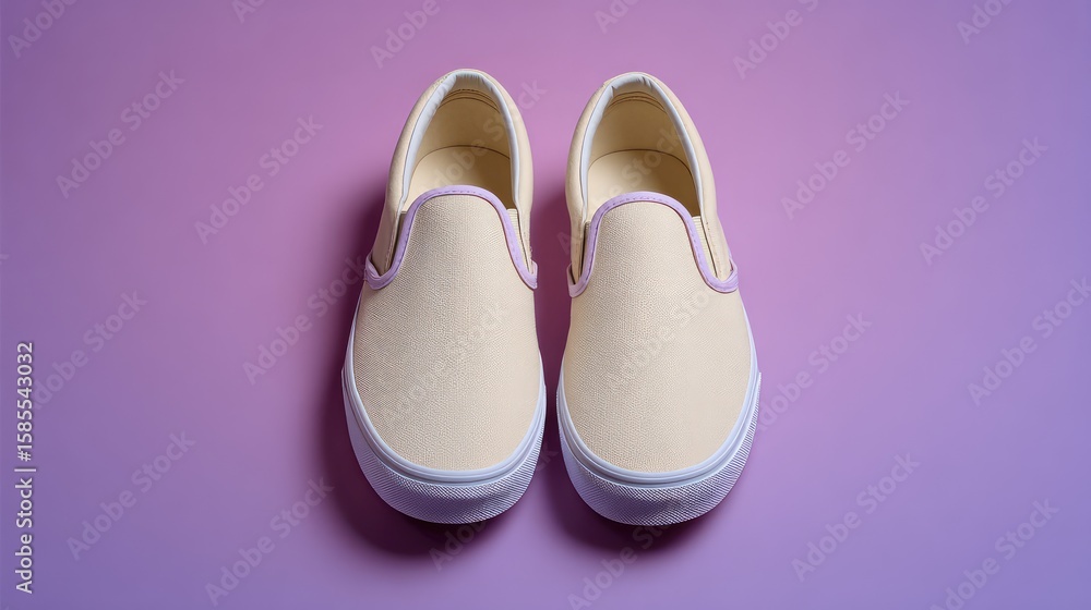 Aufkleber casual slip-on shoes centered in frame with soft shadow on solid pastel background and room for text
