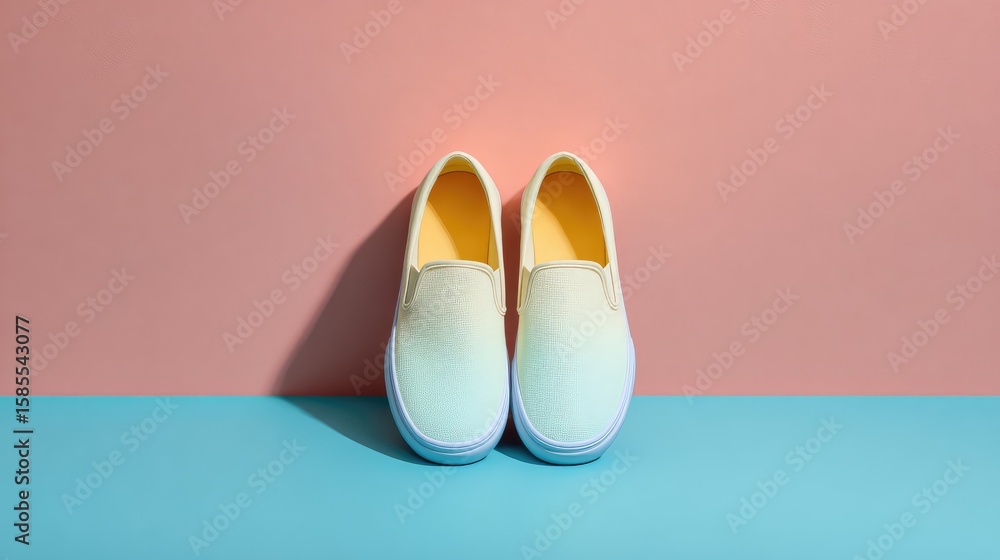 Poster casual slip-on shoes centered in frame with soft shadow on solid pastel background and room for text
