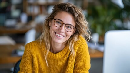 Joyful woman in cozy sweater smiles brightly in a modern workspace