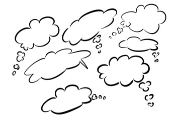 Diverse collection of black and white hand-drawn speech and thought bubbles, providing ample space for your textual content and ideas.