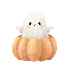 Adorable Watercolor Ghost Nestled in a Pumpkin, Happy Halloween Spirit