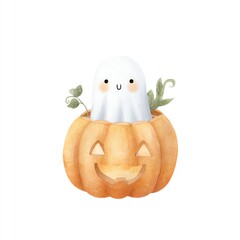 Adorable Watercolor Ghost Residing in a Cheerful Jack-o-Lantern for Halloween