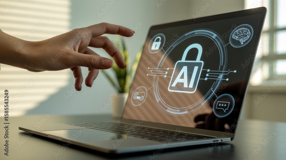 Poster laptop showing ai concept with hand reaching, digital network on display