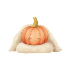 Adorable Watercolor Pumpkin Snuggles Sweetly Under a Cozy Blanket, Dreaming Autumn Dreams