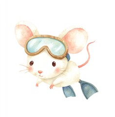 Adorable Watercolor Mouse Goes Scuba Diving, Wearing Goggles and Flippers, Against a White Background