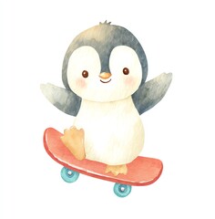 Adorable Watercolor Penguin Skateboarding Joyfully Across a White Background