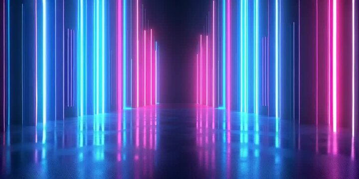 Neon dark stage in empty room: neon lights changing color, spotlights, dark blue, purple, pink - dance floor, gaming stage. Futuristic Laser light tunnel. Abstract background or backdrop zoom in path.