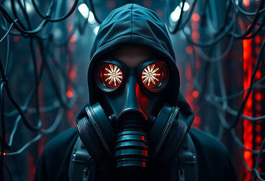 Cyberpunk Gas Mask Figure: Dark, Futuristic, Mysterious, Red and Blue Lighting