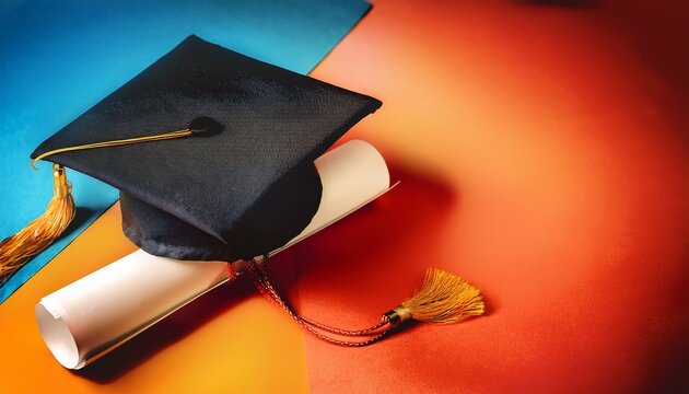 fondo colorido con espacio de copia con un birrete y un pergamino enrollado o diploma concepto de graduacion fin de cursos o termino de clases escolares