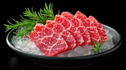 Chilled thin meat slices fanned on a black platter over crushed ice with surrounding space