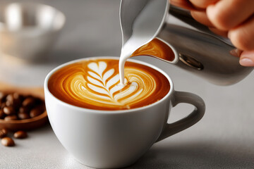 Barista skillfully pours steamed milk into espresso to create beautiful latte art in warm tones