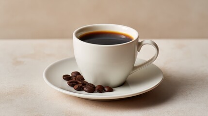 Fototapeta premium Classic porcelain coffee cup and saucer with steaming coffee placed beside coffee beans scattered on light table