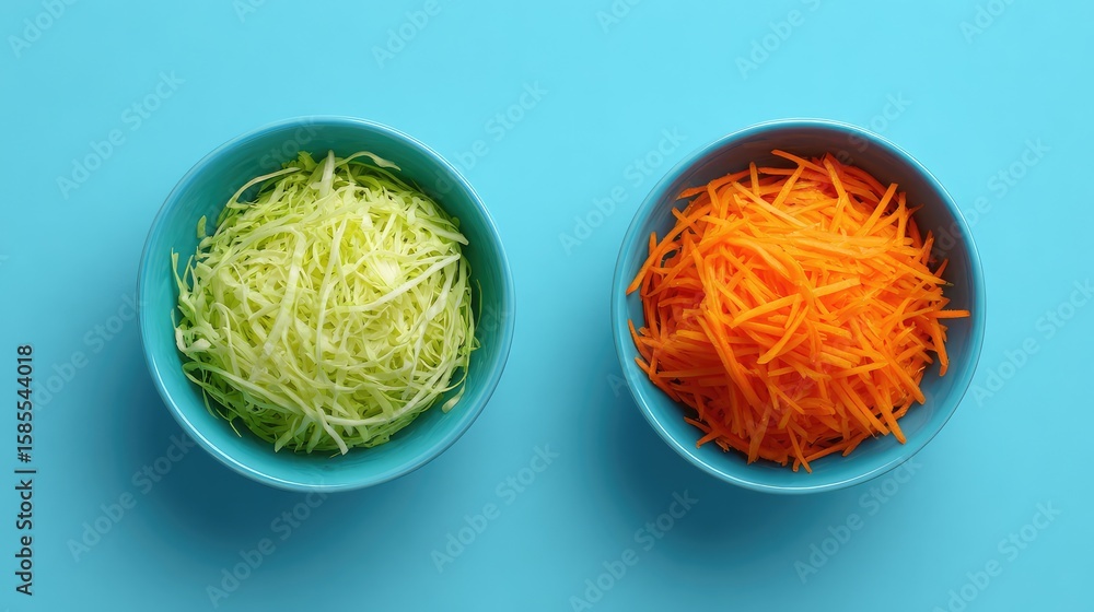 Poster clean top-down image of shredded cabbage and carrots in bowls with room for branding