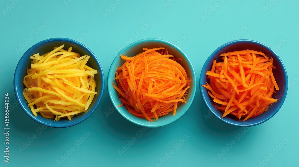 Poster clean top-down image of shredded cabbage and carrots in bowls with room for branding