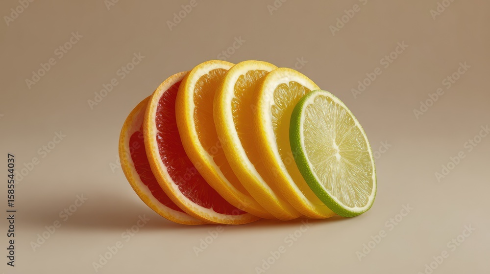Poster clean top view of citrus fruit slices arranged in a spiral on neutral background with space