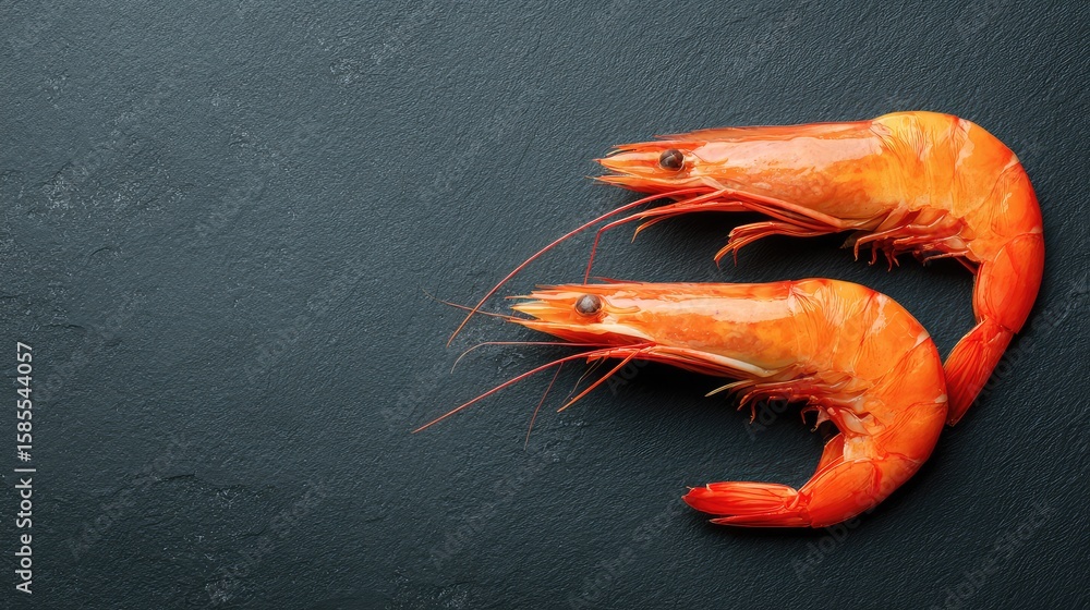 Poster clean top view of grilled jumbo shrimp with shell on, placed over dark textured stone with copy spac
