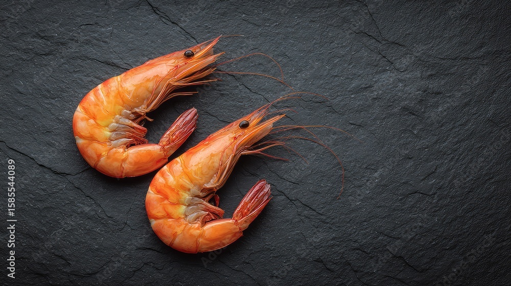 Poster clean top view of grilled jumbo shrimp with shell on, placed over dark textured stone with copy spac