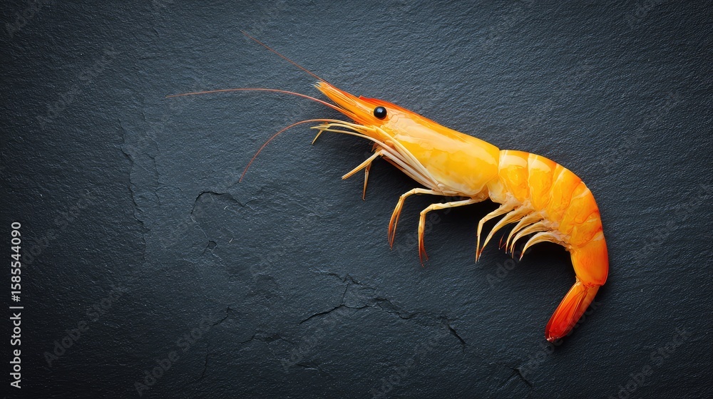 Poster clean top view of grilled jumbo shrimp with shell on, placed over dark textured stone with copy spac