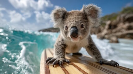 Fototapeta premium Koala enjoys a day on the surfboard at a sunny beach