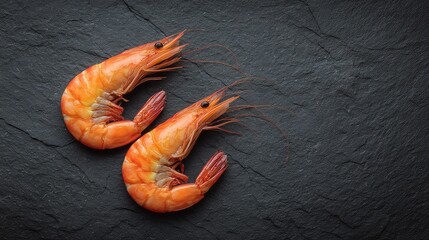 Clean top view of grilled jumbo shrimp with shell on, placed over dark textured stone with copy space