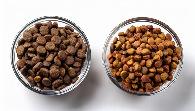brown and black pet food kibbles in clear glass bowls on white background