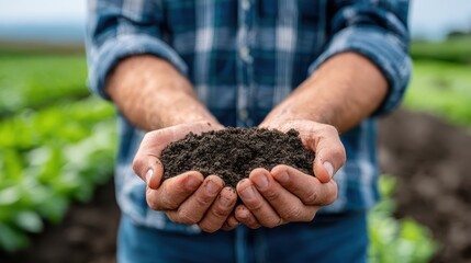Hands holding rich soil in a green field during daylight hours