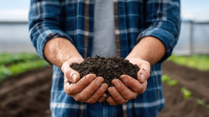 Hands cradling rich, dark soil in a verdant garden setting