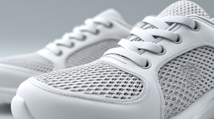 Close-up of breathable mesh running shoes on white background with room for branding overlay