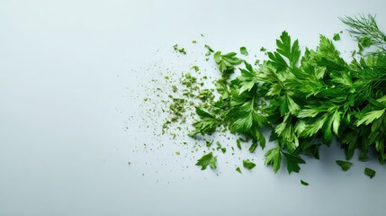 Obraz premium Close-up of chopped herbs like parsley and dill with scattered leaves and copy space on the side