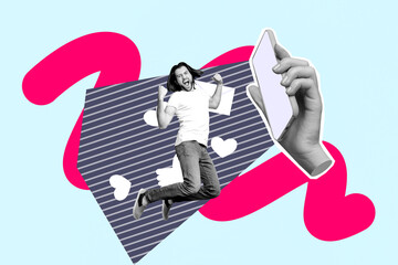 Trendy art creative full zine photo collage of happy girl guy stand phone hand hold screen...