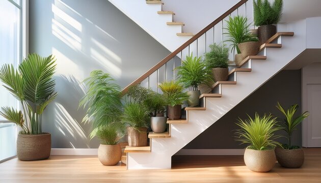 un diseno de una casa interior escaleras interiores con plantas de macetas decorativas y frescas estilo o diseno de interiores