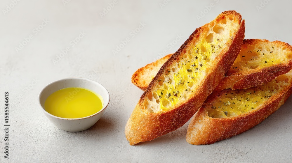 Poster close-up of crispy baguette slices with olive oil dip on light surface with empty space