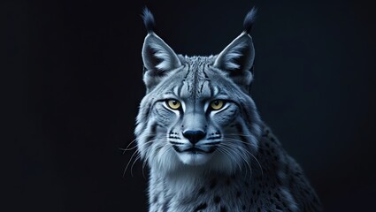 Obraz premium A striking portrait of a lynx set against a solid black background, highlighting its sharp features and piercing gaze