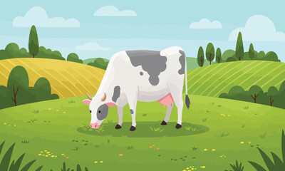 Dairy Cow Grazing in Green Meadow Vector Illustration: Rural Farm Landscape, Livestock, Agriculture, Countryside Nature Scene.