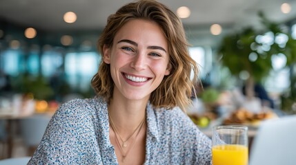 Bright smile radiates joy during brunch in a modern café setting