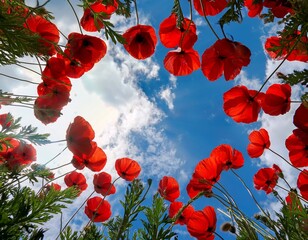 looking up at red flowers framing bright blue sky with clouds