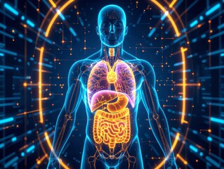 x-default Human Body Anatomy with Internal Organs and Digital Interface