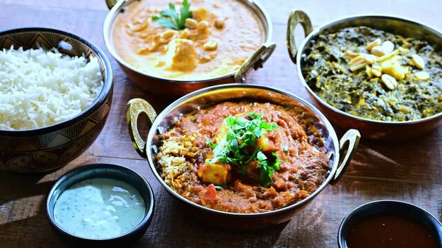 Composition with indian dishes: madras paneer, palak paneer and shahi paneer with basmati rice served in original indian karahi pots