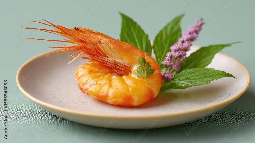 Poster close-up of grilled shrimp in shell placed on clean plate with garnish and space around