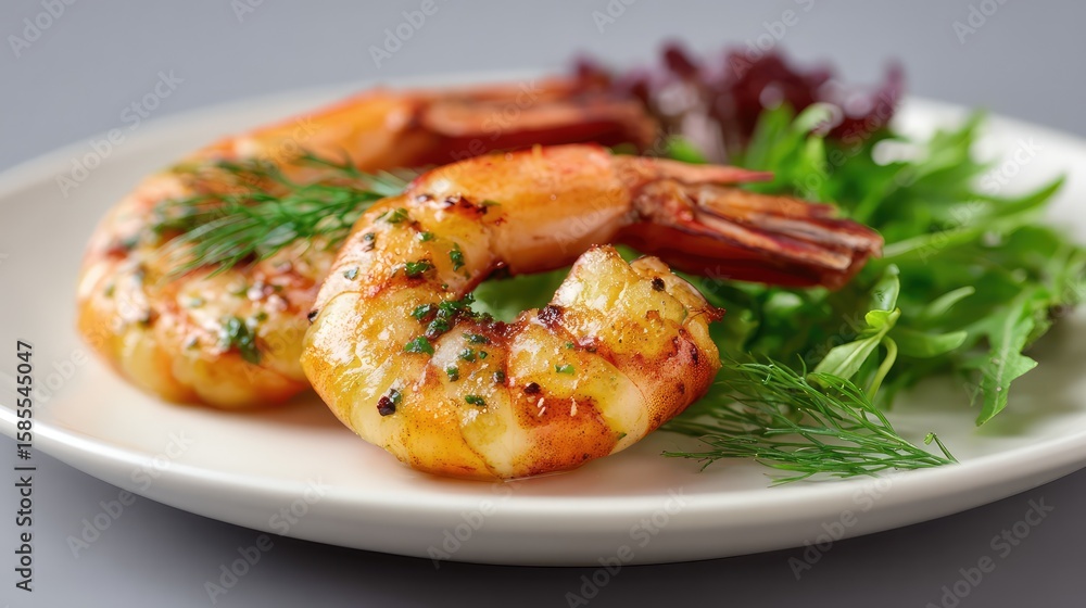 Poster close-up of grilled shrimp in shell placed on clean plate with garnish and space around
