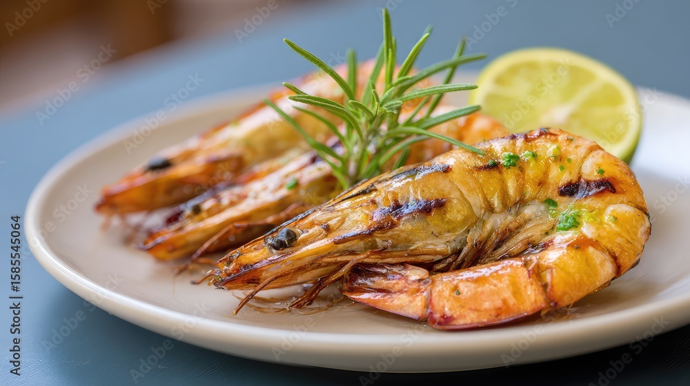 Poster close-up of grilled shrimp in shell placed on clean plate with garnish and space around