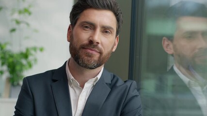 Portrait happy smiling confident Caucasian middle-aged business man folded hands crossed arms looking at camera smile in office adult businessman male manager employer entrepreneur startup innovation - Powered by Adobe