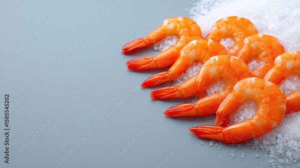 Poster close-up of peeled shrimp arranged neatly on ice with visible frost and space for text layout