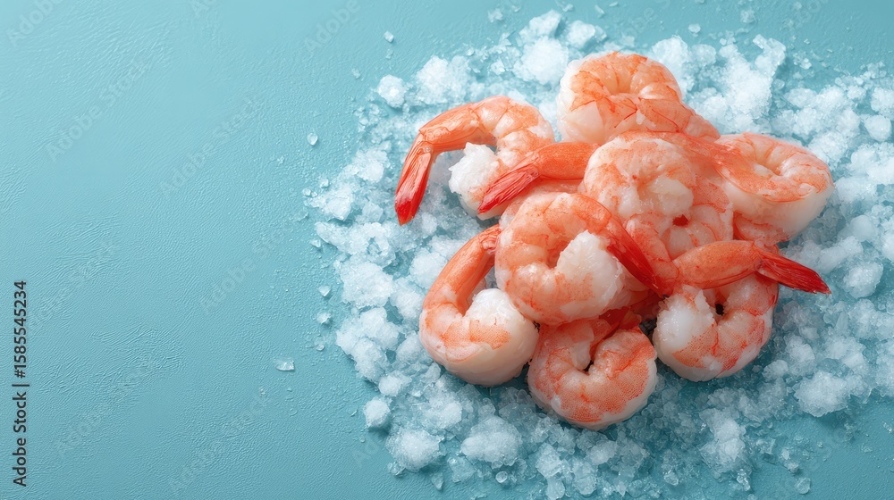 Poster close-up of peeled shrimp arranged neatly on ice with visible frost and space for text layout