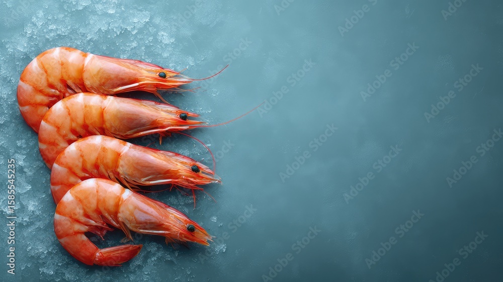 Poster close-up of peeled shrimp arranged neatly on ice with visible frost and space for text layout