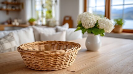 Charming rustic interior with a wicker basket and fresh flowers on a table
