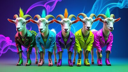 Fototapeta premium A herd of goats wearing glittery, neon-colored rock punk costumes, posed in front of a lively background with room for text—perfect for ads, commercials, or party invites