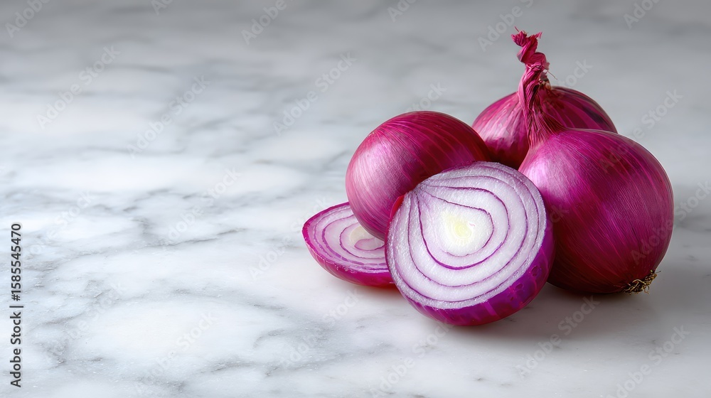 Poster close-up of whole and sliced red onions arranged neatly on a white marble surface with empty space