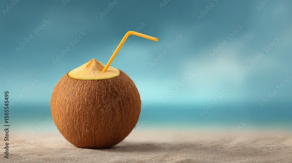 Poster coconut drink with straw placed in half coconut shell on a beach-textured background with space
