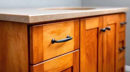 Close-up of vanity drawer handles and tabletop edge with smooth texture and ample space